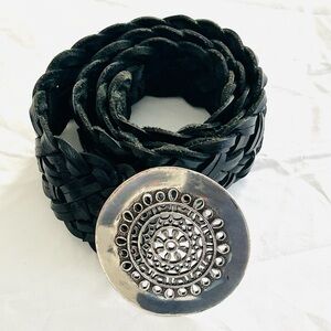 Chico’s Braided Black Leather Belt with Large Circular Medallion Buckle